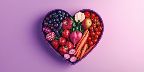 A Heart-Shaped Collection of Vibrant Fruits and Vegetables Promoting Healthy Eating Habits and a Nutritious Lifestyle