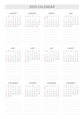 A simple and minimalist style annual template with a 2024 year 12 month calendar. Note, scheduler, diary, calendar, planner design template illustration.