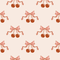Vintage vector seamless pattern cherry with a ribbon pink bow in a coquette aesthetics. 