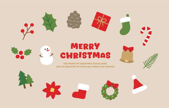 Hand drawn cute icon illustration set in December winter season Christmas concept. flower, pinecone, leave, tree, poinsettia, gift, branch, sock, snowman. The typography reads 'Merry Christmas'.