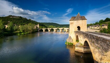 Fototapeta premium view of the dordogne river and old stone bridge leading to bergerac