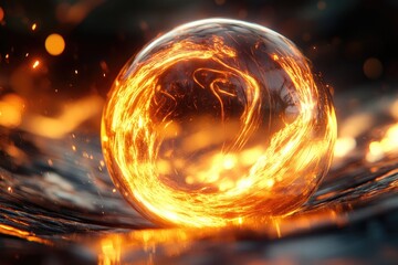 Fiery Orb Encased In Glass Rests On Dark Surface