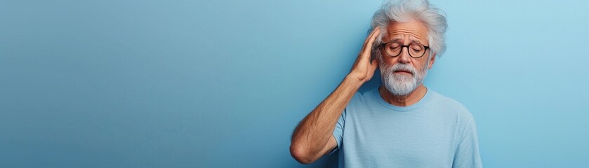 Obraz premium Elderly man with headache indoor setting portrait calm environment emotional state for stress awareness