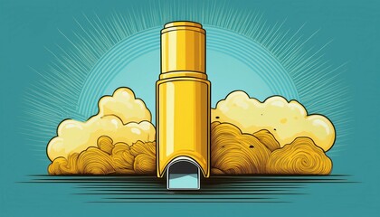 cartoon illustration of a yellow inhaler relieving respiratory distress ideal for healthcare and medical topics