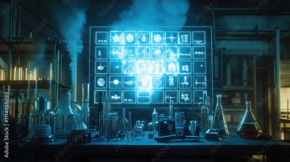 Poster futuristic laboratory with holographic data display