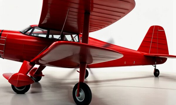 A vintage red biplane showcased against a white background, emphasizing its design and craftsmanship.