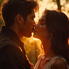 Romantic couple sharing a tender kiss at sunset, intimate connection