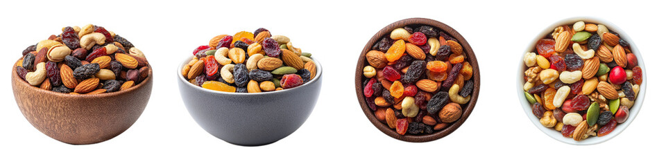 variety of bowls filled with colorful trail mix containing nuts, dried fruits, and seeds, perfect for healthy snack. Enjoy vibrant textures and flavors!