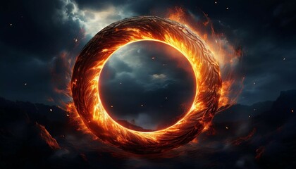 Obraz premium fiery ring of inferno 3d render of a burning circle in a stormy night sky ai generated