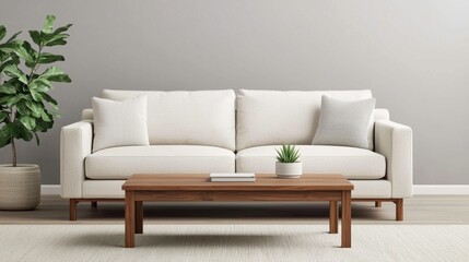 Modern living room showcasing minimalist design with neutral colors and wooden coffee table