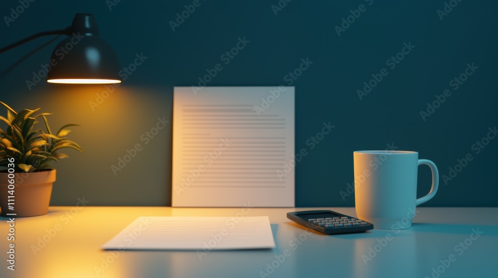 Poster accountant calculating monthly budget with calculator, empty sheet and coffee mug under desk lamp at