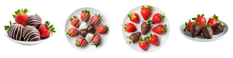 Delight in variety of chocolate dipped strawberries, elegantly arranged on plates. Each plate showcases unique presentation, perfect for any occasion