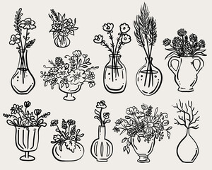 Whimsical Style hand drawn quirky vases bouquets with flowers - vector set