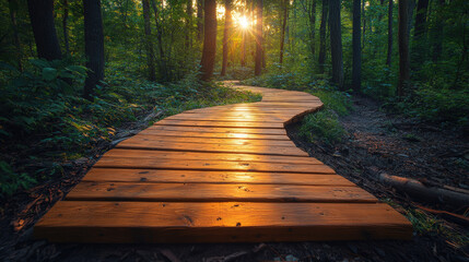 Serene wooden pathway winding through lush green forest with sunlight filtering through tall trees during golden hour at sunset