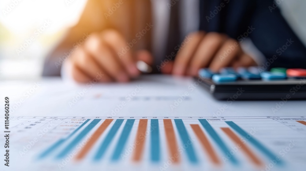 Poster businessman analyzing financial charts and using calculator for budgeting and planning