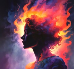 Illustration of woman silhouette with dramatic multicolor smoke background.