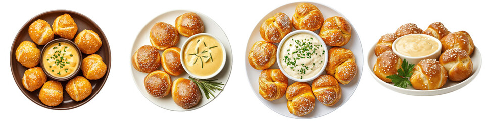 Warm pretzel bites served with various cheese dips create delightful snack experience. Perfect for sharing, these soft bites are ideal for parties or casual gatherings