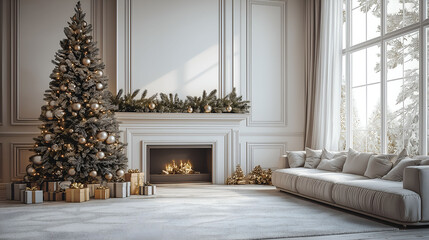 Aesthetic room interior design with Merry Christmas elements. Wall with New Year decoration in the apartment. Holiday tree in the room.