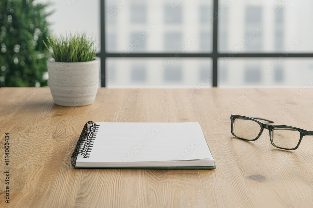 Poster empty notebook, eyeglasses, and plant creating a peaceful workspace on wooden table