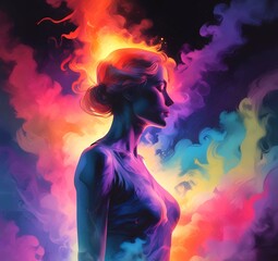 Illustration of woman silhouette with dramatic multicolor smoke background.