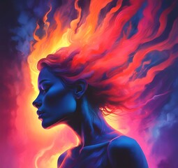 Illustration of woman silhouette with dramatic multicolor smoke background.