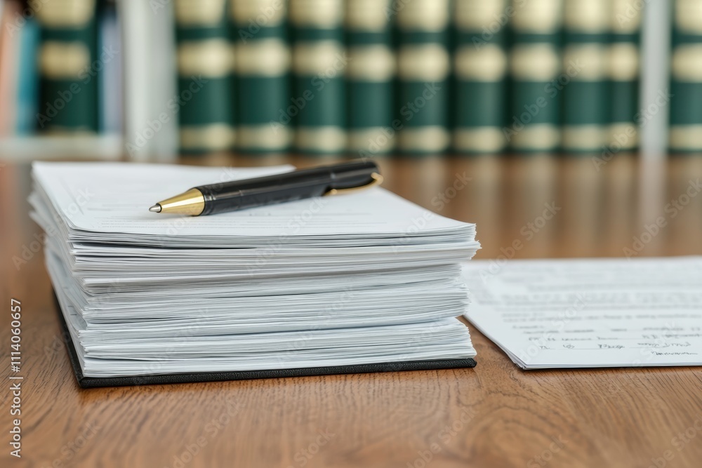 Poster stack of bank statements and notebook with pen on desk in law office