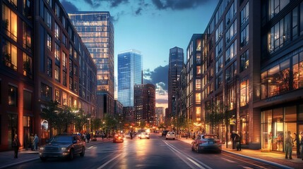 Obraz premium New Modern Seaport District Neighborhood, Boston City Skyline Street.