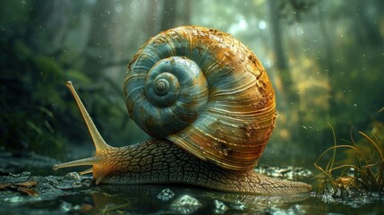 A detailed close-up of a snail on a wet surface in a lush, green environment.
