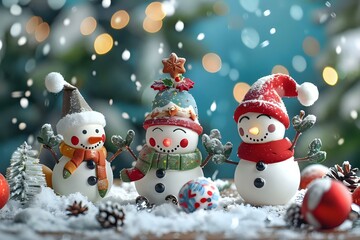 Delightful Snowmen Frolic in Winter Wonderland: Festive Decorations Create a Magical Christmas Scene with Charming Ornaments and Sparkling Lights, Embracing the Holiday Spirit.