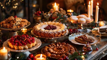Fototapeta premium Celebration of International Dessert Day with a variety of sweets set up in a warm, inviting atmosphere