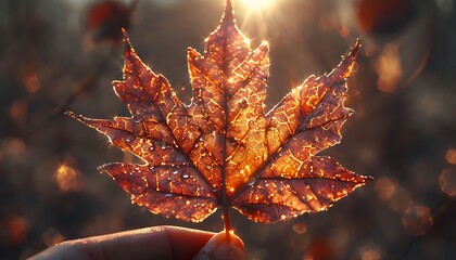 Hand Holding a Vibrant Fall Leaf with Sunlight Streaming Through It