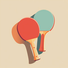 Two  ping pong paddles with a ball resting on a  table in a minimalist art style under soft lighting.  
