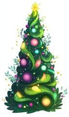 A Christmas tree, festive element, flat vector design, bright green with colorful baubles, isolated on white background 