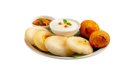Ghee roast Dosa and Idlii with Chutney, south indian main breakfast isolated on transparent background