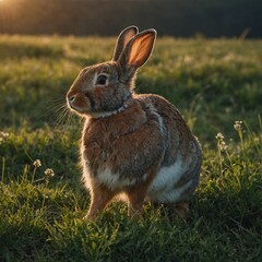 Fototapeta premium A rabbit hopping in a meadow at dawn.