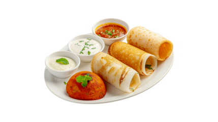 Ghee roast Dosa and Idlii with Chutney, south indian main breakfast isolated on transparent background