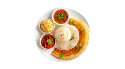 Ghee roast Dosa and Idlii with Chutney, south indian main breakfast isolated on transparent background