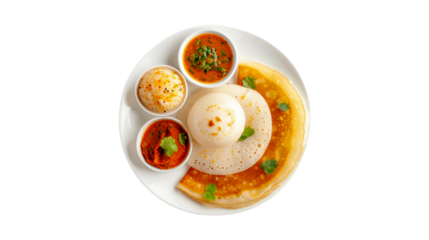 Ghee roast Dosa and Idlii with Chutney, south indian main breakfast isolated on transparent background