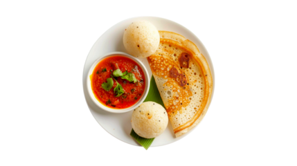 Ghee roast Dosa and Idlii with Chutney, south indian main breakfast isolated on transparent background
