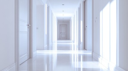 Bright hallway with white doors and shiny floor. Ideal for themes of serenity, cleanliness, or modern architecture.