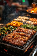 Close-up of Delicious Grilled Beef and Vegetables on a Hot Grill.
