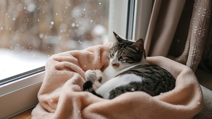 Cat Sleeping Peacefully in a Cozy Bed by the Window on a Rainy Day
