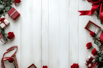 A clean white wooden background with a red ribbon, roses for banner. Flat lay, top view, copy space