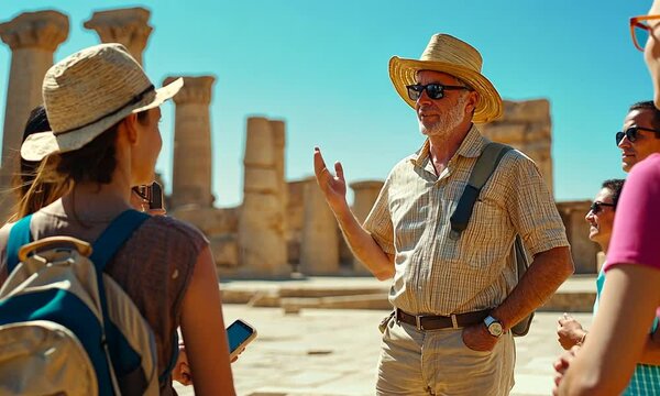 Tourists engaging with a guide at an ancient archaeological site under a clear blue sky.