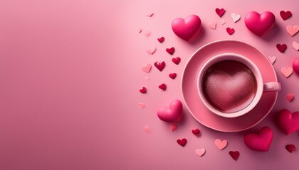 Coffee cup with hearts on pink background. Cup with hot drink. St Valentine's, Women's and Mother's day concept. Love and romantic. Card or banner with copy space