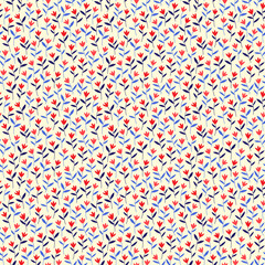 Floral pattern. Cute abstract flowers on white background. Printing with small red flowers, blue leaves. Ditsy print. Seamless vector texture. Spring bouquet. Simple pattern for fashion prints.  