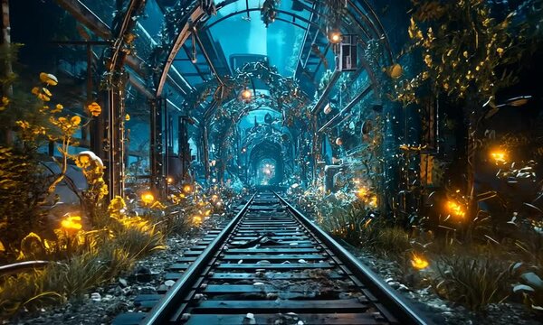 An abandoned railway overgrown with plants and illuminated by glowing lights.