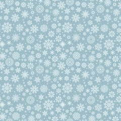 Winter snowflakes seamless pattern. Simple Christmas hand drawn white snow print on blue background. New year geometric motifs texture for print, wrapping paper, design, fabric, gift. Stock 