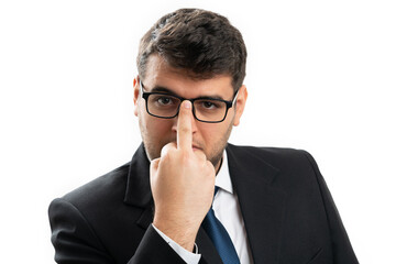 Close-up of corporate businessman making middle finger gesture