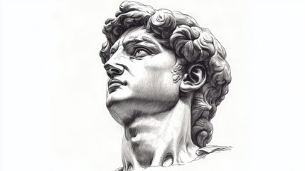 Sketch of the head of the statue of David in pencil style. The face is drawn in black and white colours. Illustration in engraving style. Design for cover, card, interior design, poster, brochure, etc